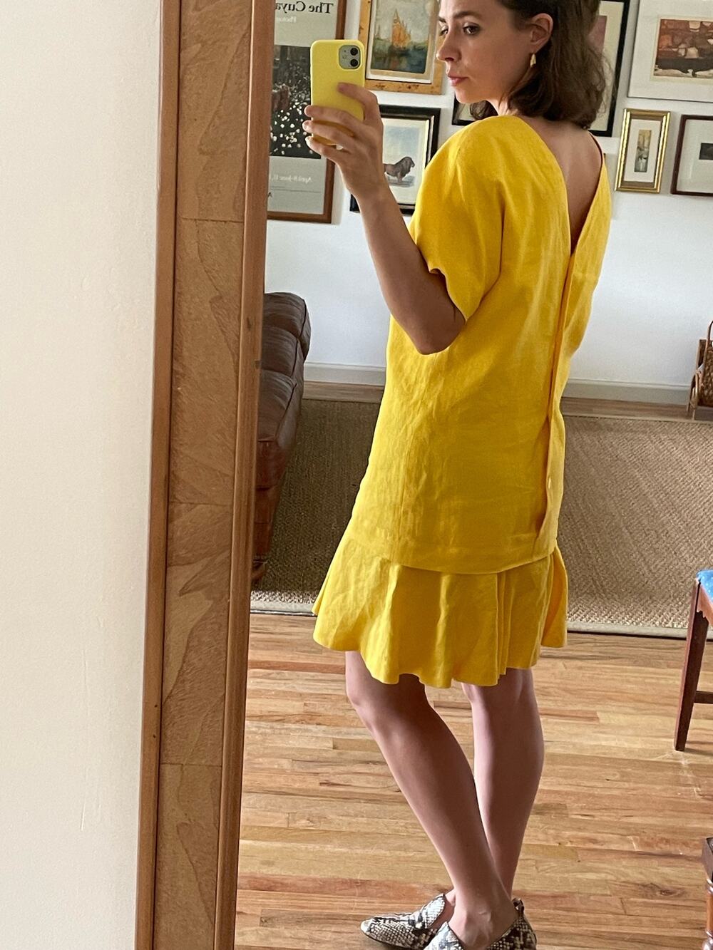 Vintage Yellow Linen 80s Back Button Dress